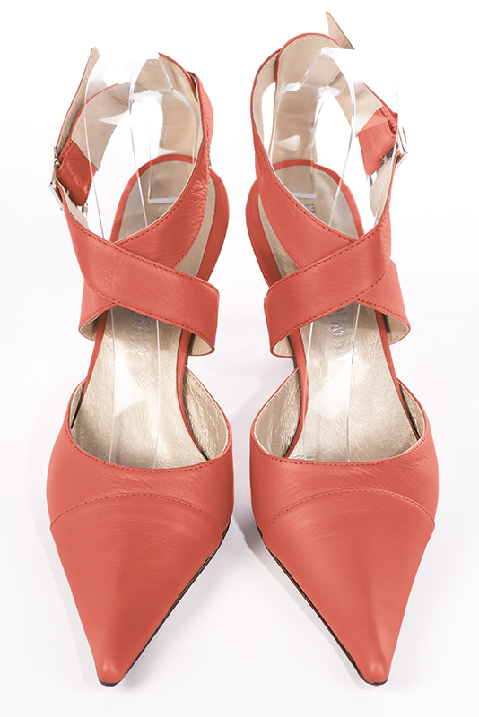 Coral orange women's open back shoes, with crossed straps. Pointed toe. High spool heels. Top view - Florence KOOIJMAN